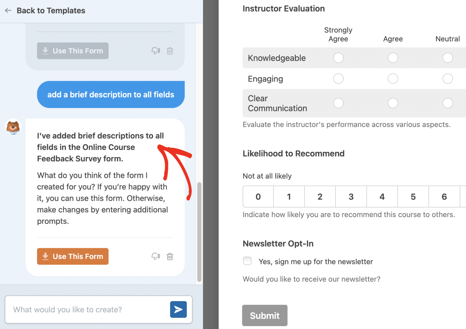 WPForms AI preview with description