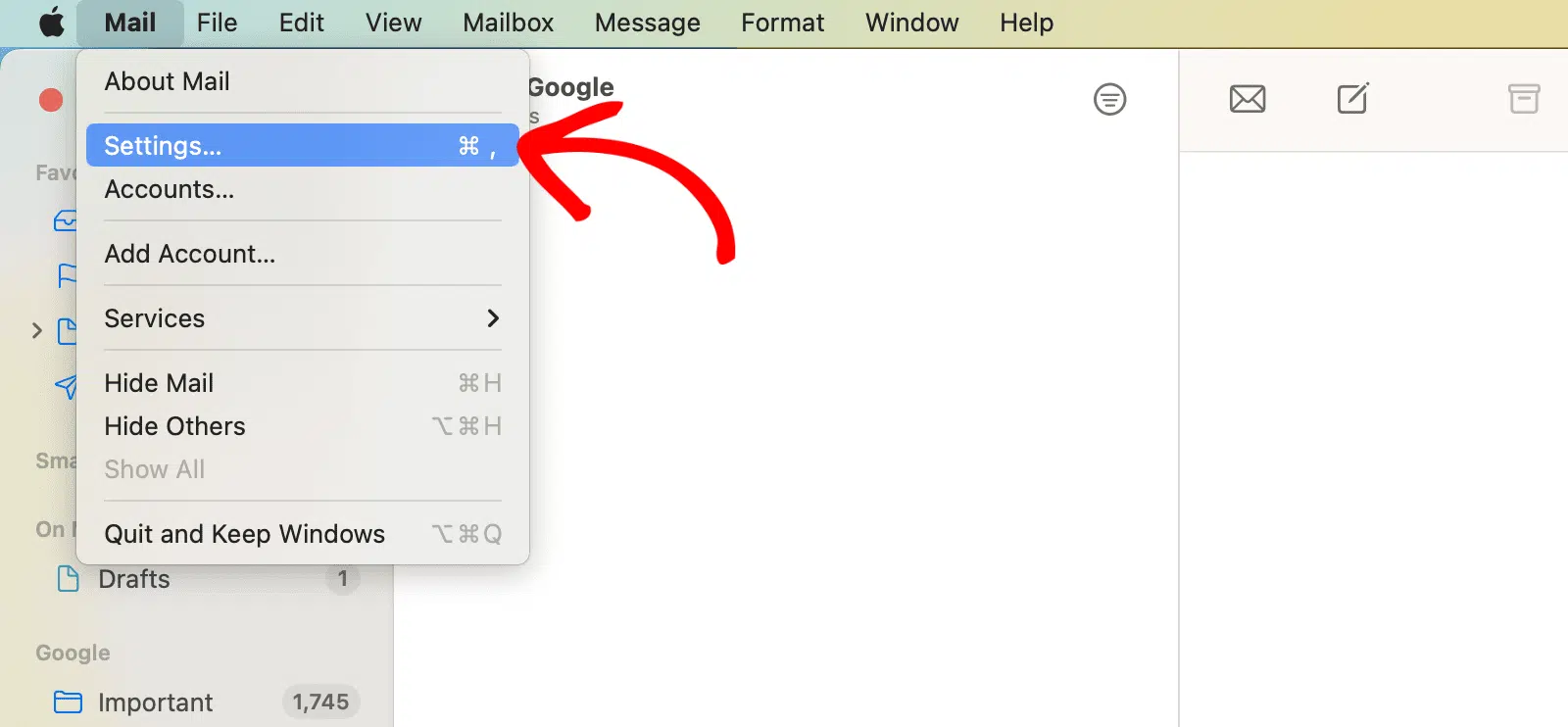 Apple Mail Preferences menu