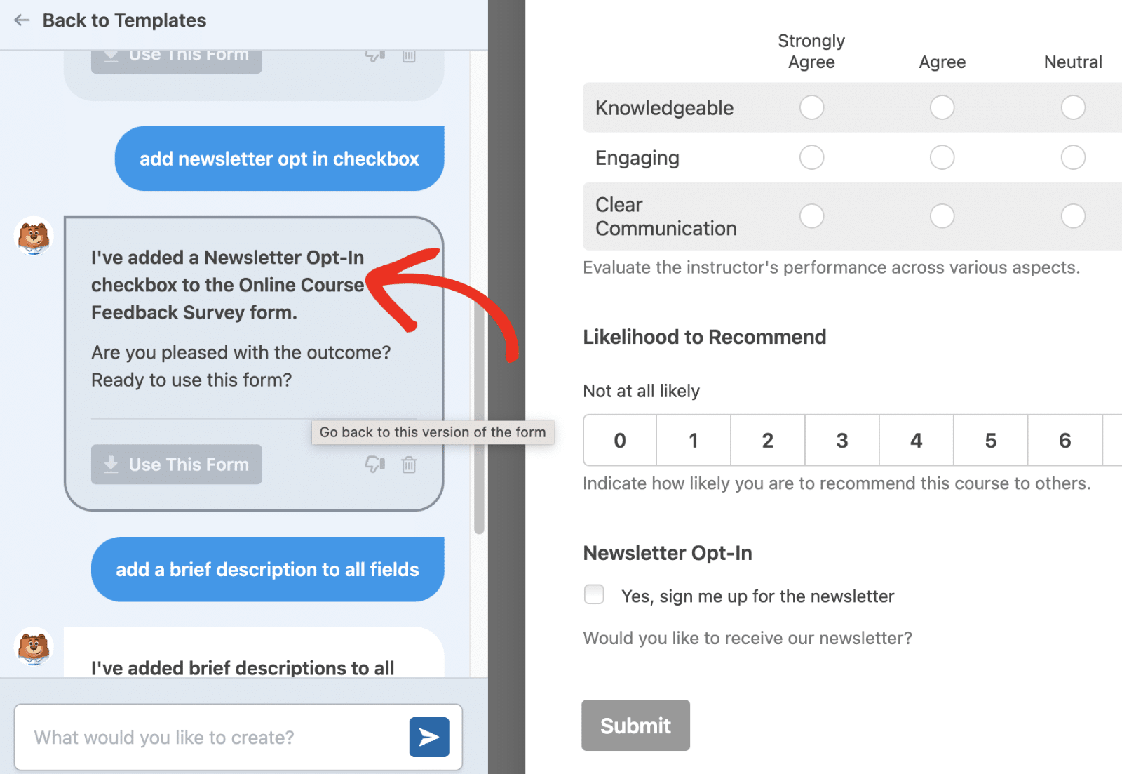 Return to previous version of the form