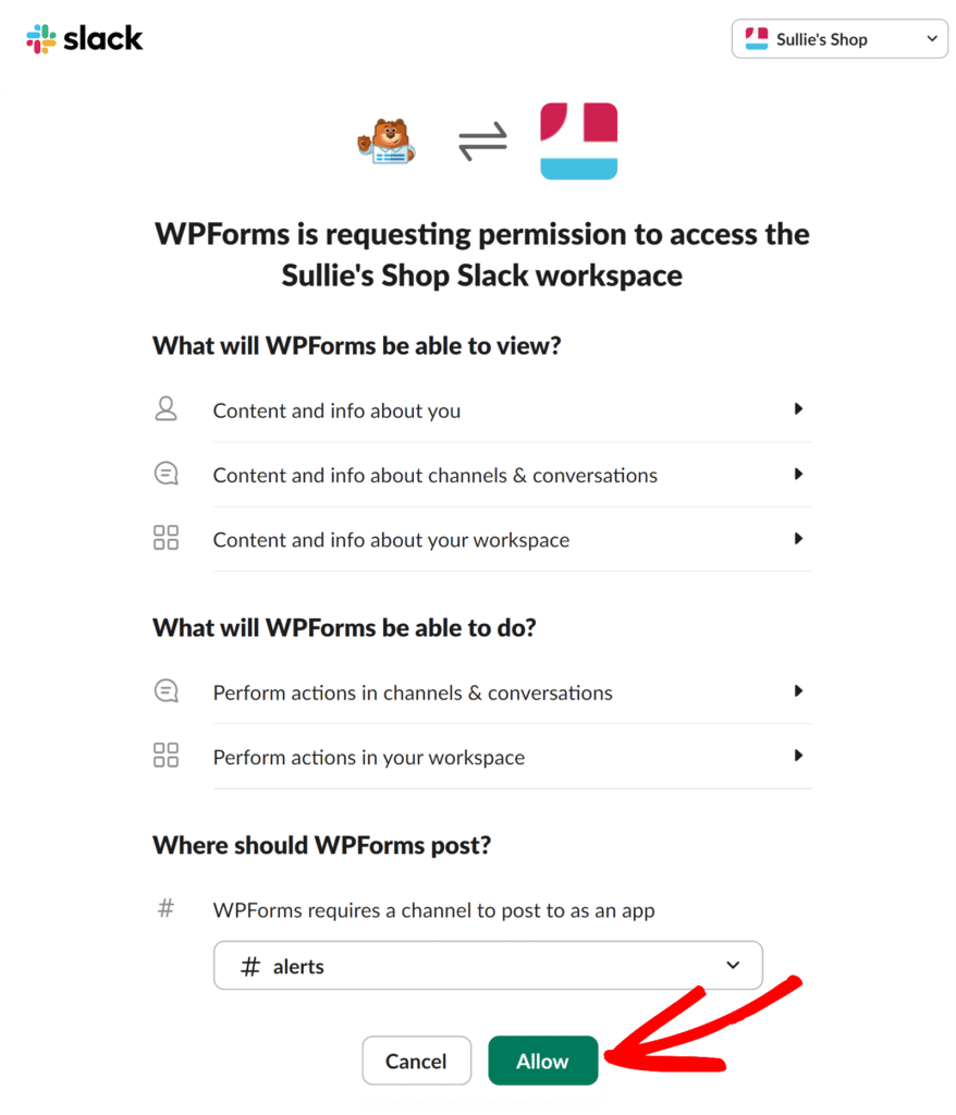 Click Allow to grant Slack permission to WPForms 