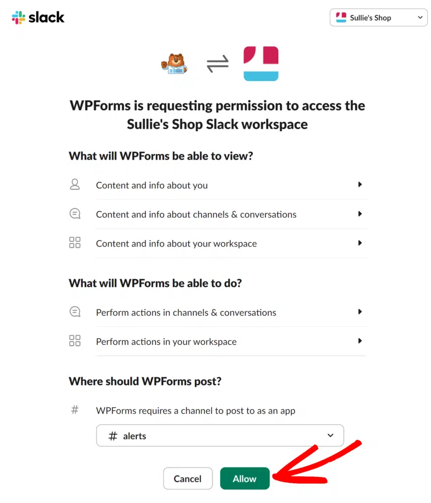 wpforms-slack-permission-1 - WPForms Click Allow to grant Slack permission to WPForms