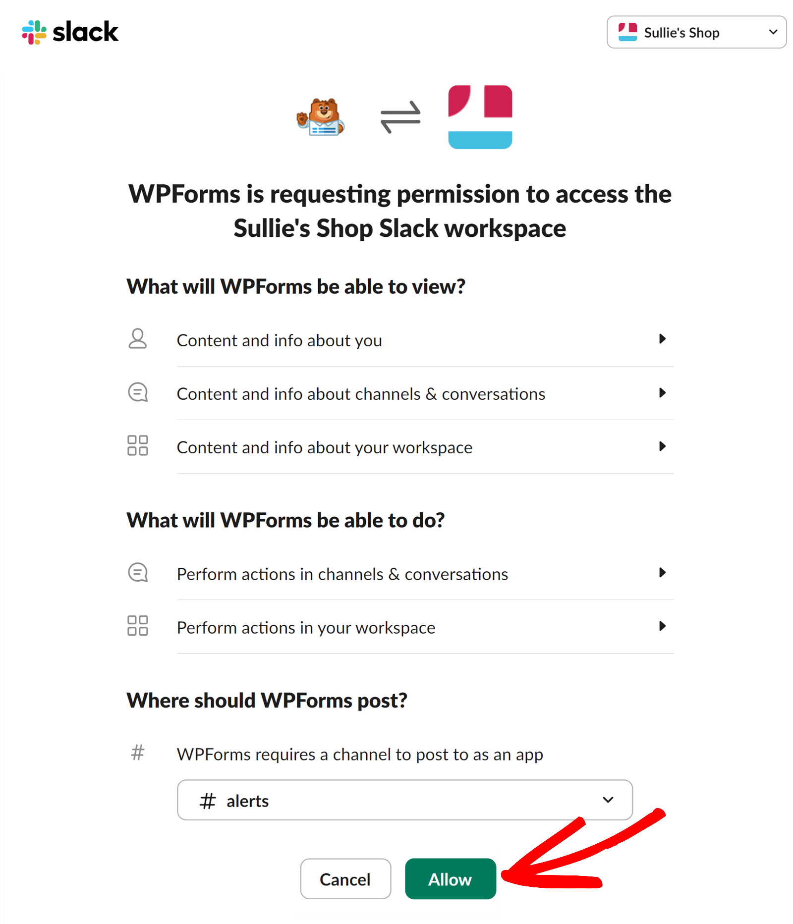 Allow WPForms to connect to Slack