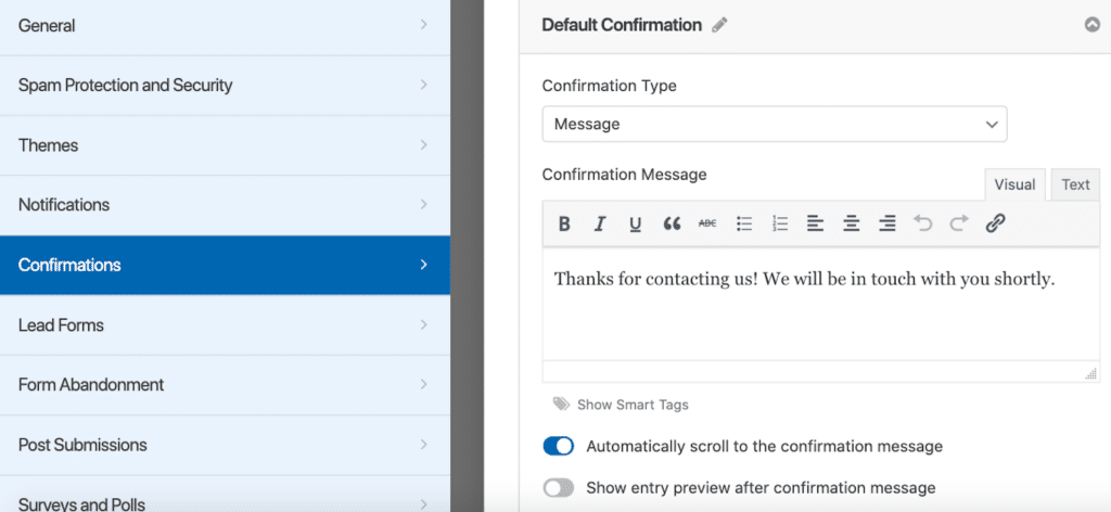 Customizing the form confirmation message