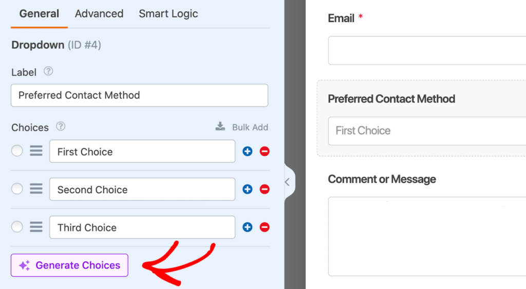 Generate AI choices to use on a form