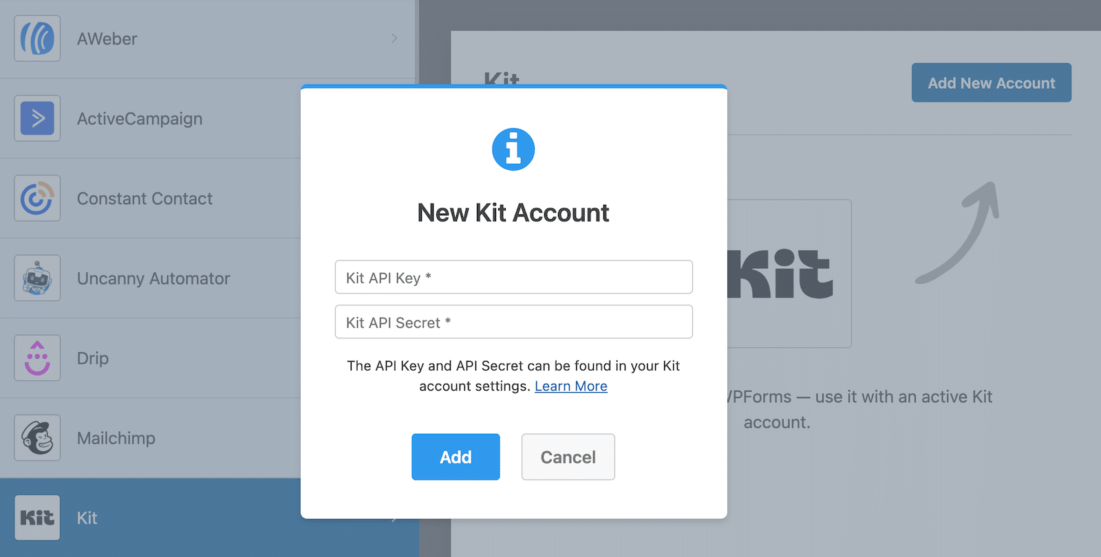 Connecting your Kit account during form building. 