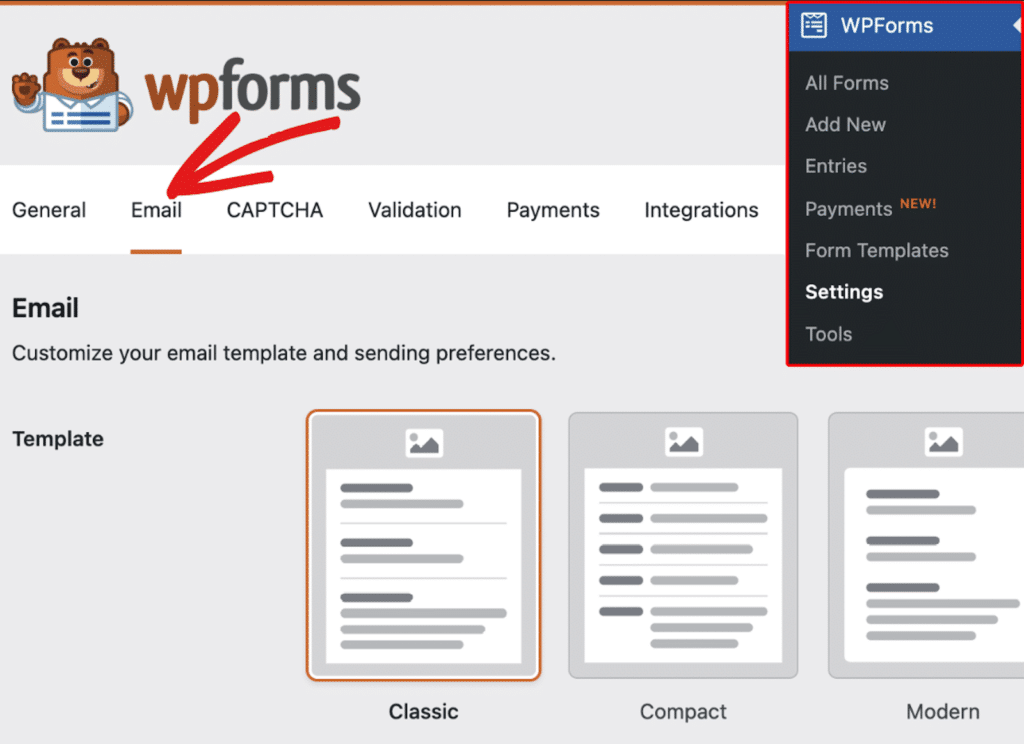 Email settings in WPForms