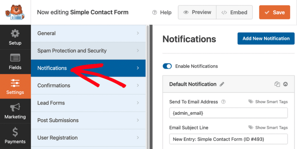 access form notification settings