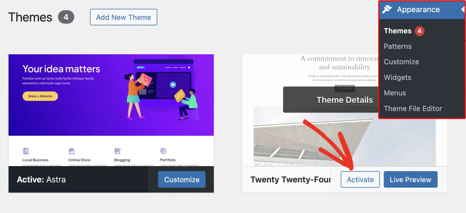 Activate default theme