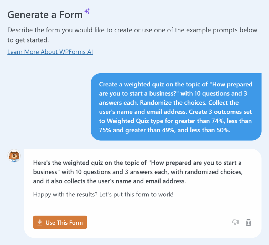 Générer un quiz avec WPForms AI