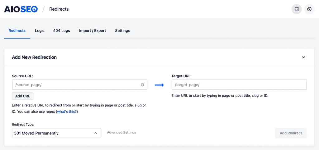 aioseo add new redirect
