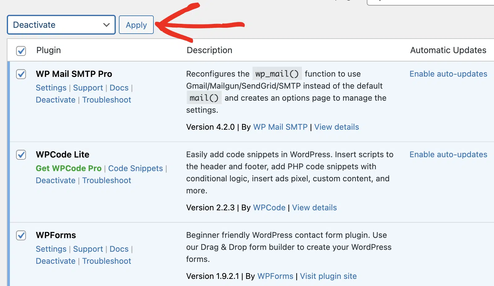 Deactivating all plugins