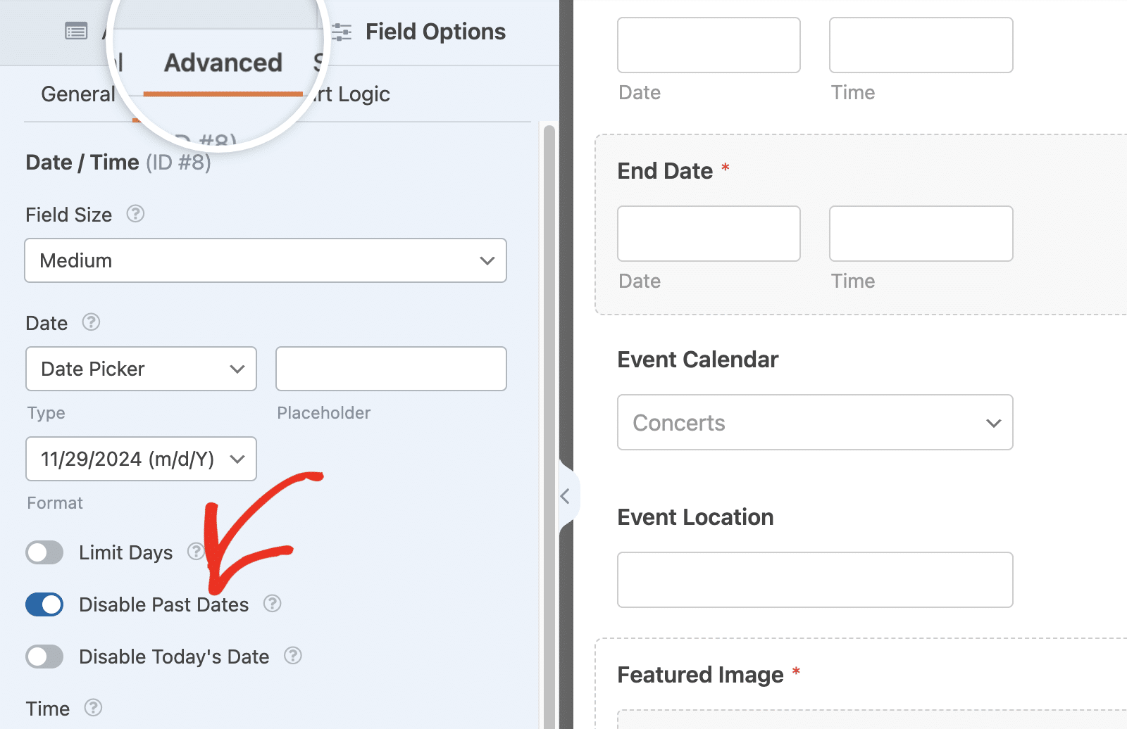 Disabling past dates in WPForms Date / Time field