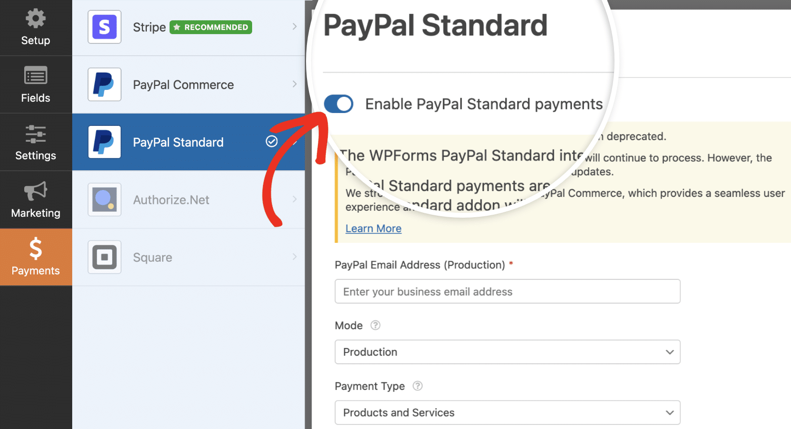 Enable PayPal standard payments