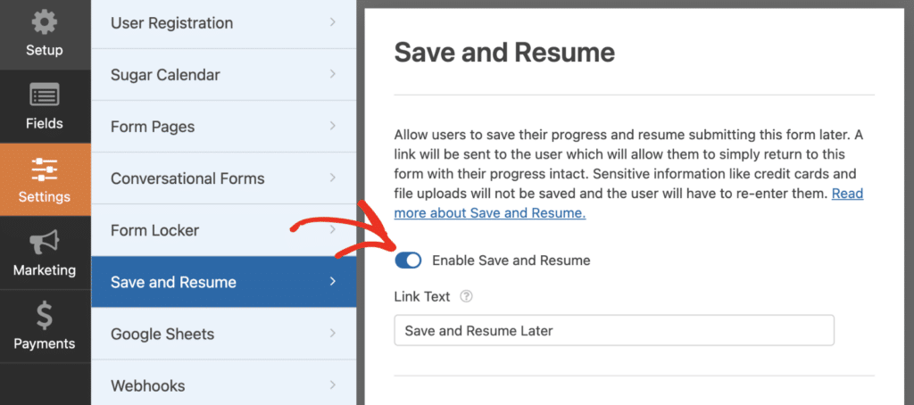 Enable save and resume and configure the settings