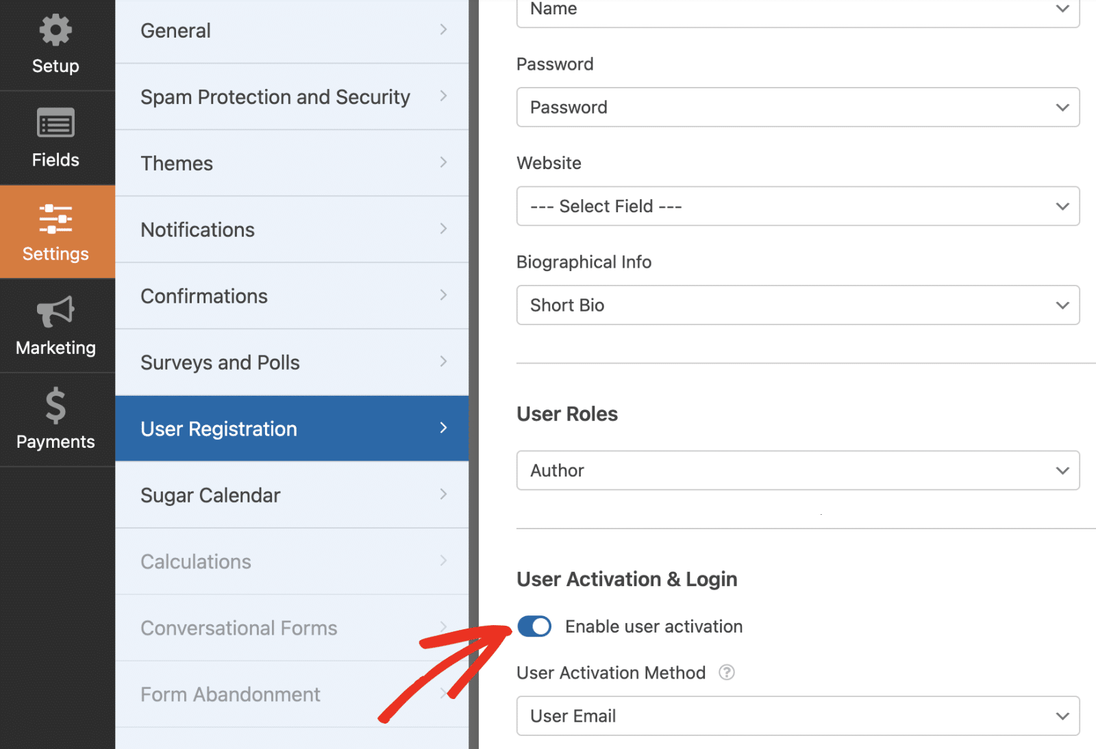 Enable user activation option