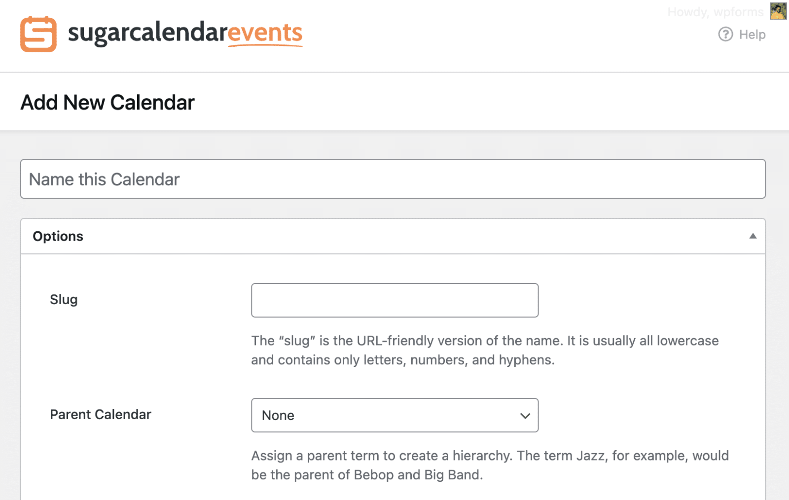 Enter calendar name and slug