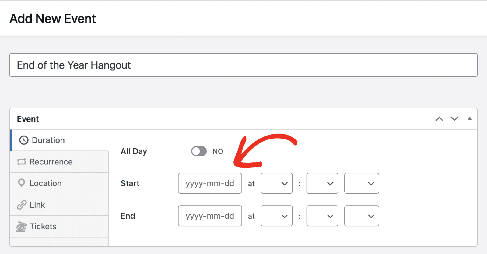 Configure event start and end date