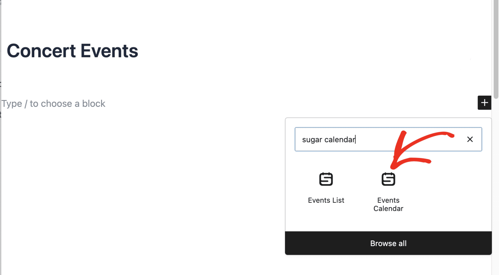 Select the Events Calendar block