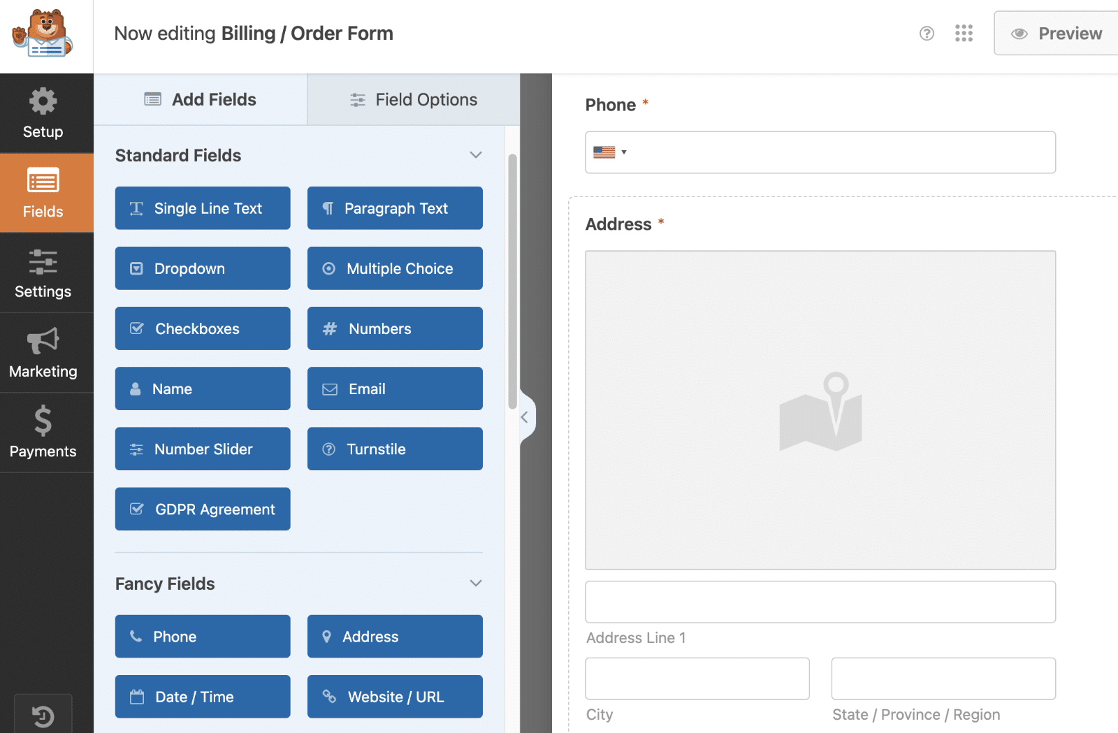 create your form and enable autocomplete and display map on the address field to send geolocation values through webhooks