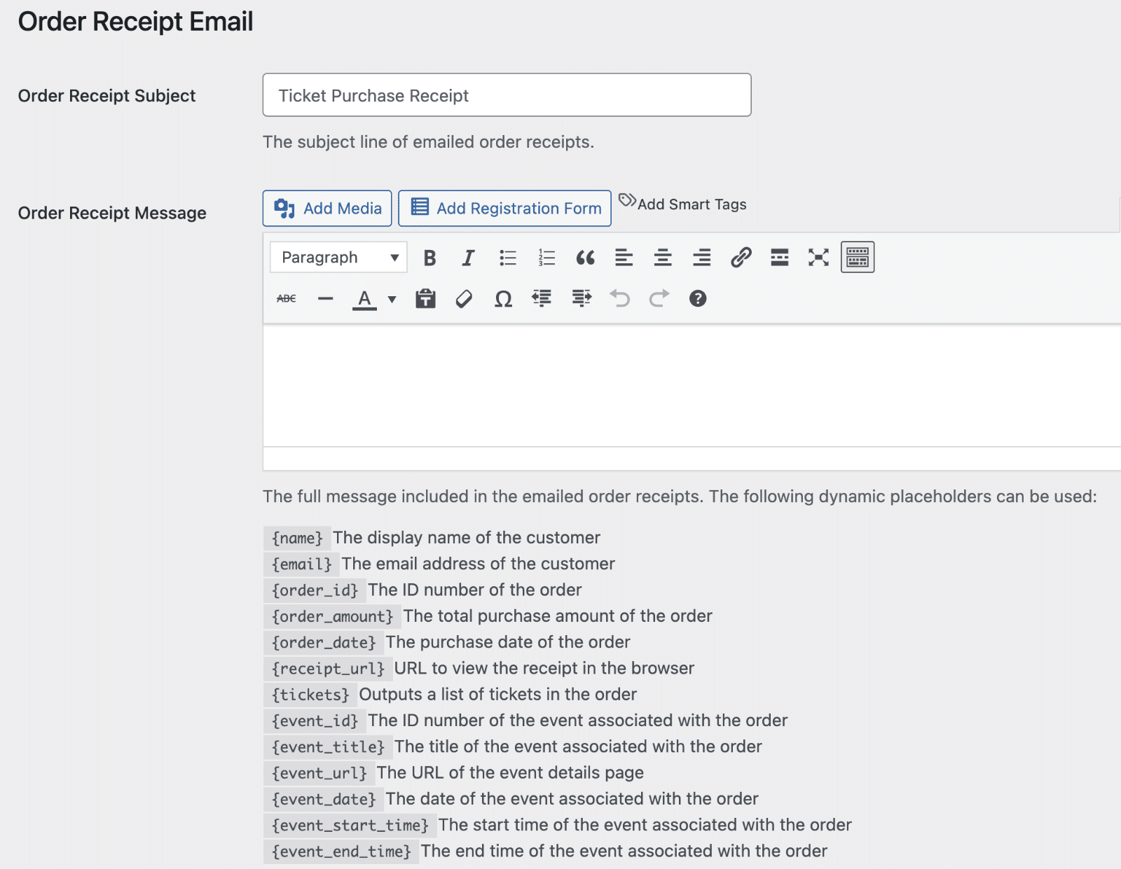 Customizing order receipt and ticket receipt emails