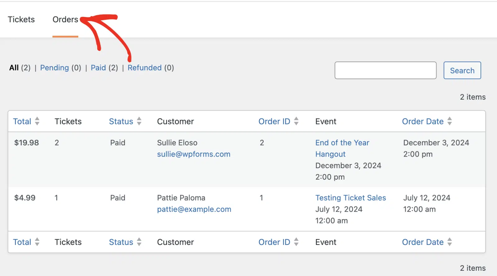 Anzeigen von Bestellungen zur Verwaltung der Veranstaltungstickets in WordPress