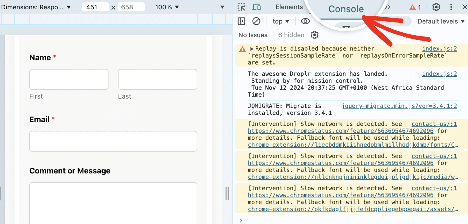 Select Console to view and troubleshoot JavaScript issue