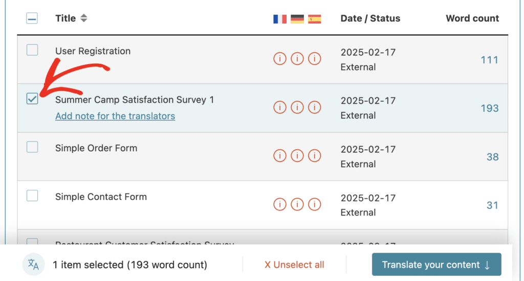 Select form to translate