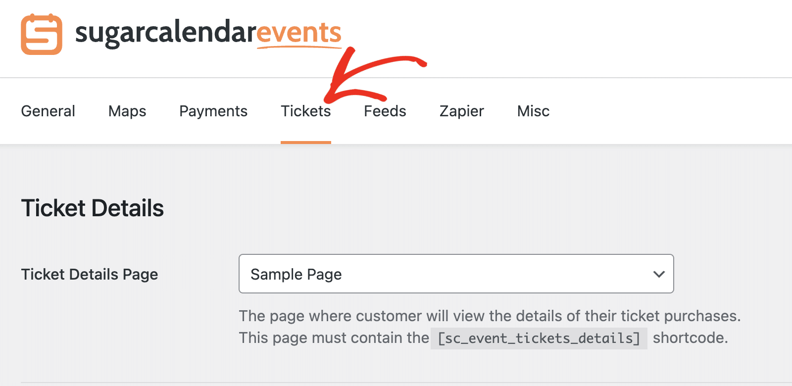 Select the Tickets tab in Sugar Calendar