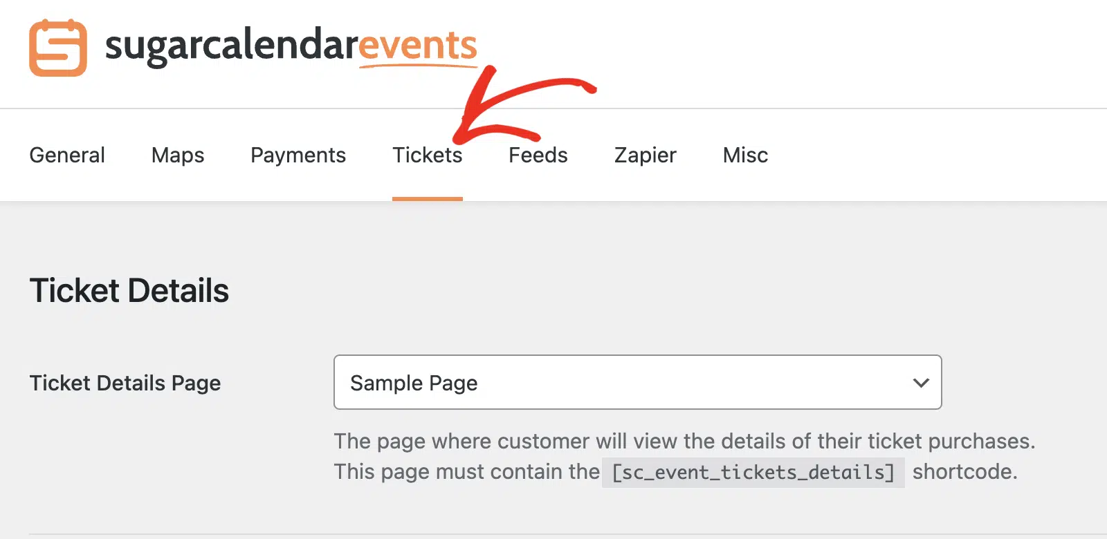 Wählen Sie die Registerkarte „Tickets“ in Sugar Calendar