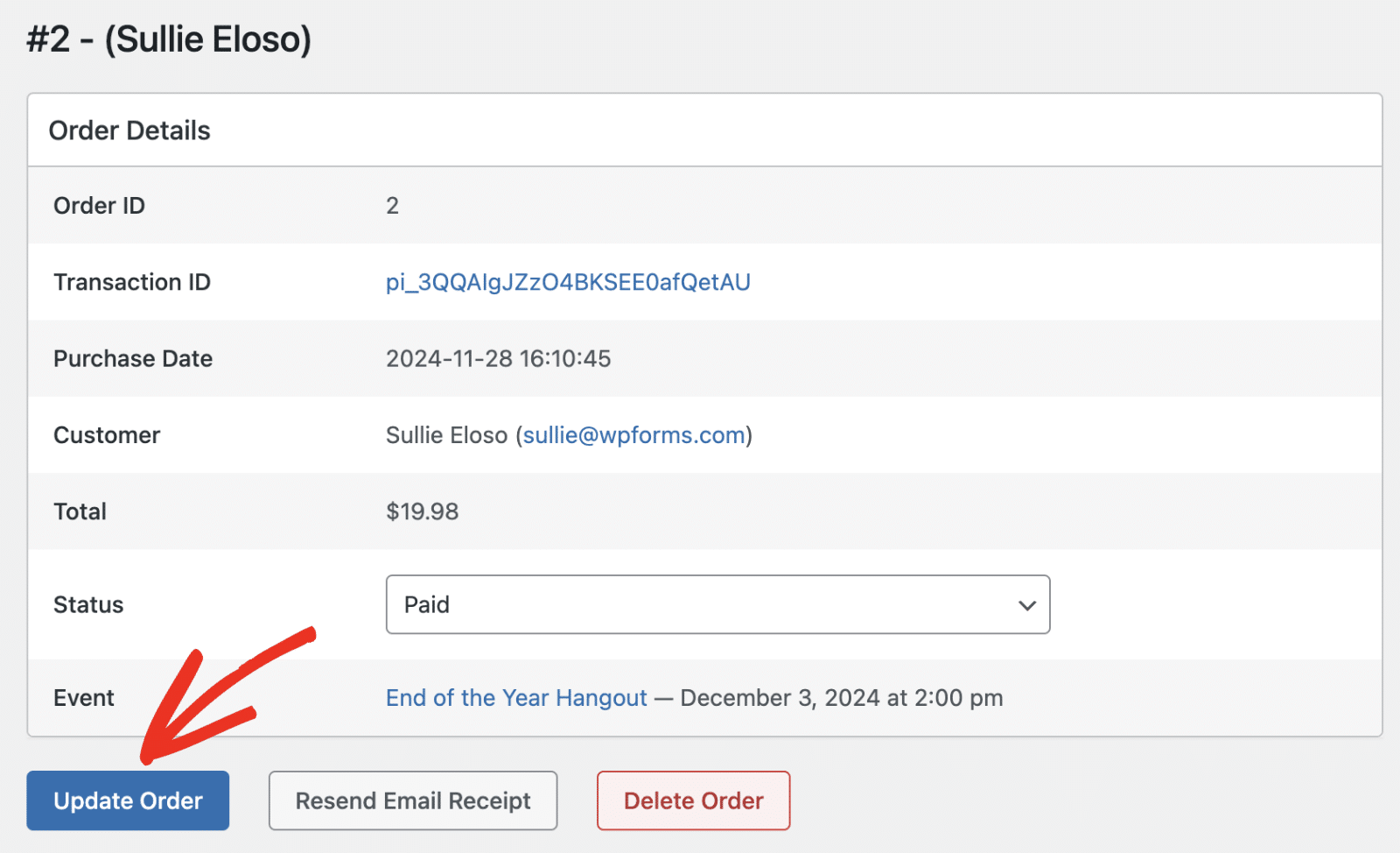 Update order - Manage event ticketing in WordPress