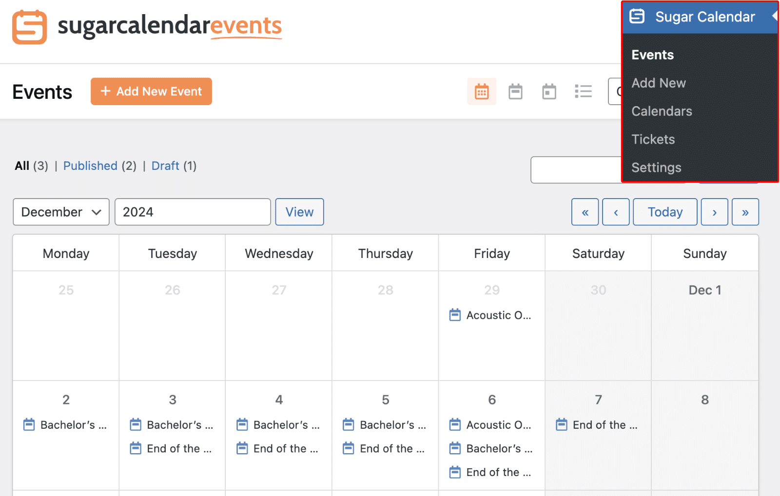 Viewing submitted events in Sugar Calendar