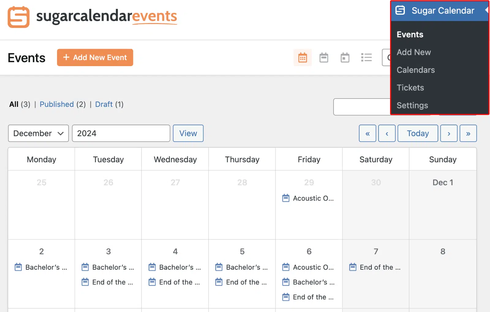 Anzeigen eingereichter Veranstaltungen in Sugar Calendar