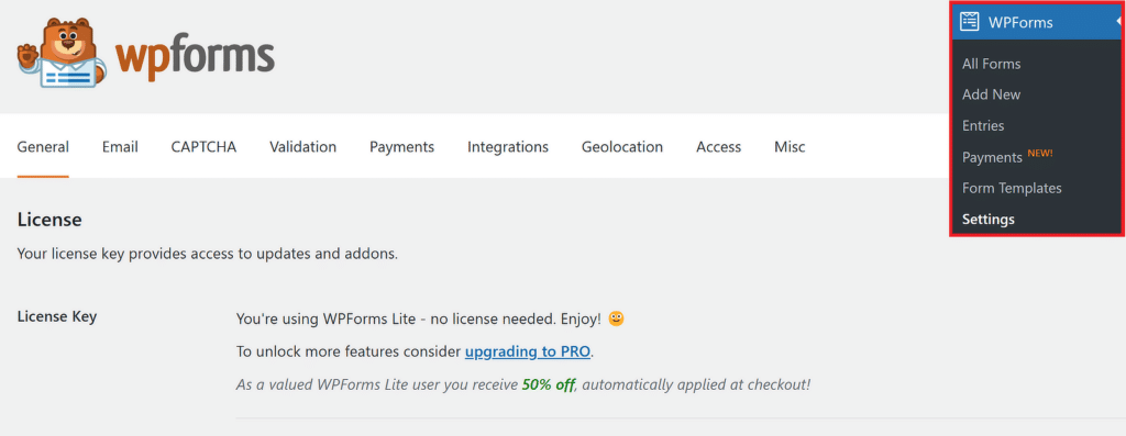 wpforms general settings