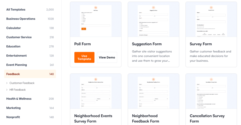 Selecting a feedback form template