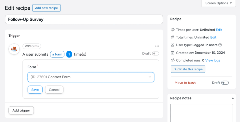 Selecting a form trigger for a recipe in Uncanny Automator