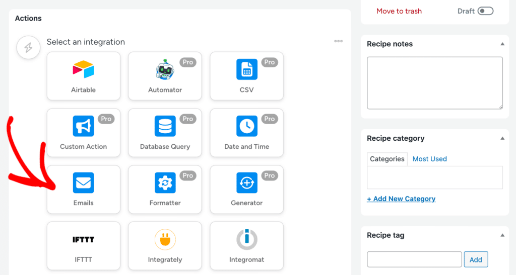 Selecting the email integration for a recipe in Uncanny Automator