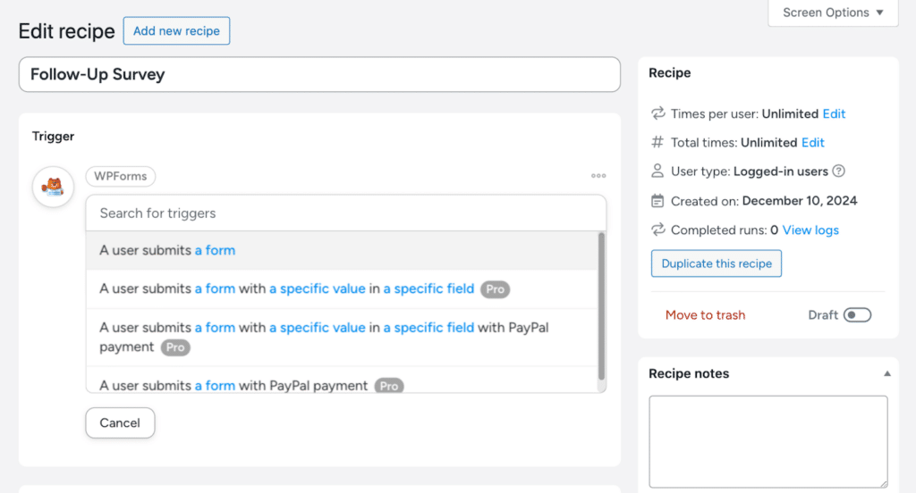 Selecting a trigger for an Uncanny Automator recipe