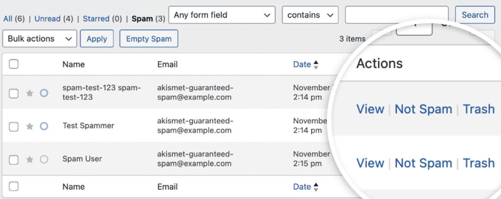 Actions available in the spam section of form entries