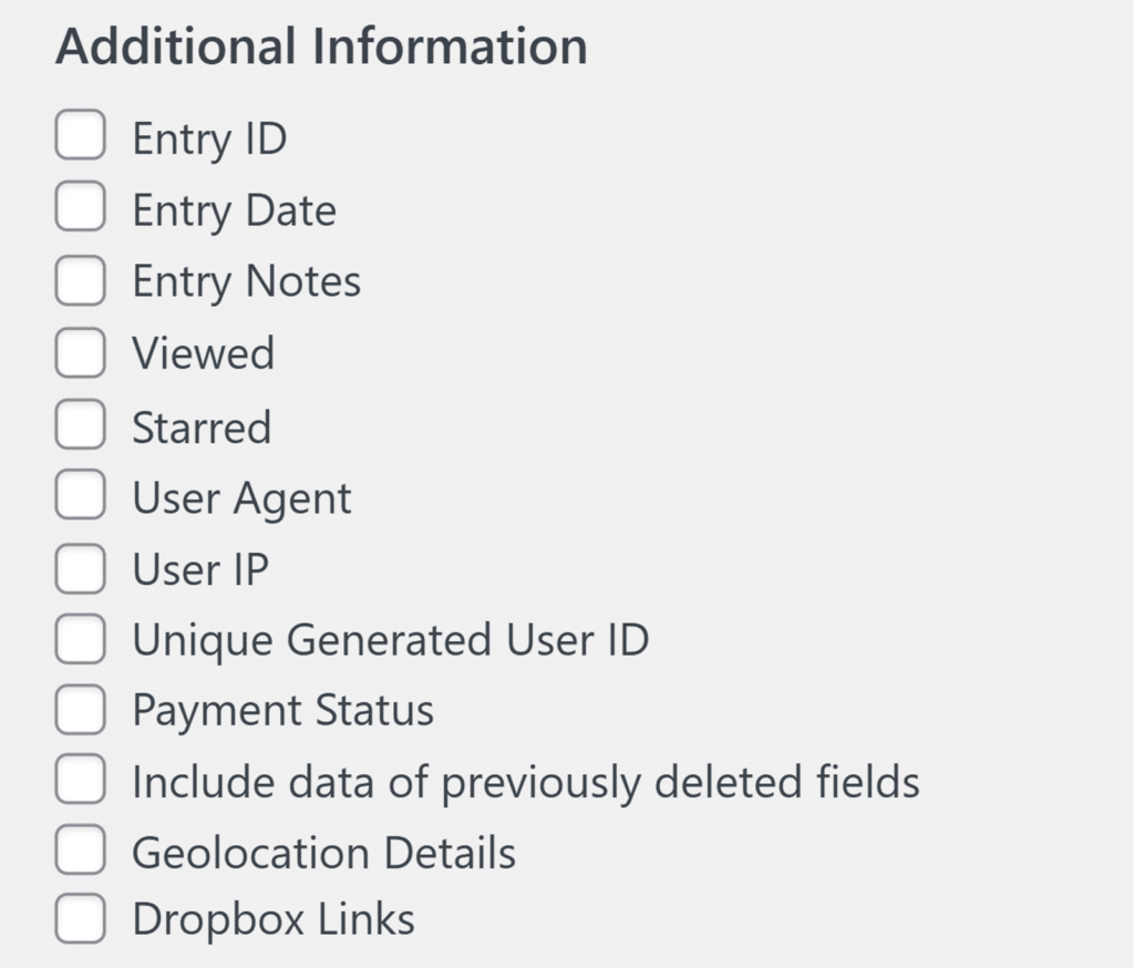 Options for additional information you can include in your entries export file