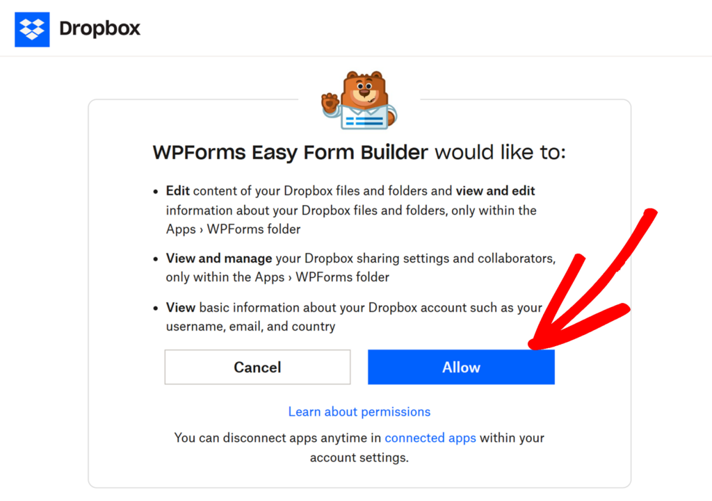 Click Allow to connect to WPForms