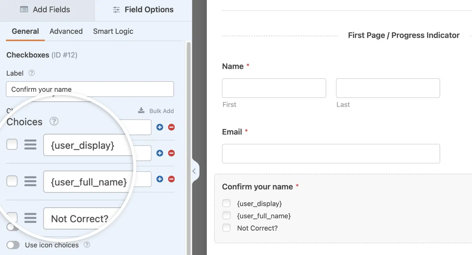 Add smart tags you choose for the checkbox label for display name and full name