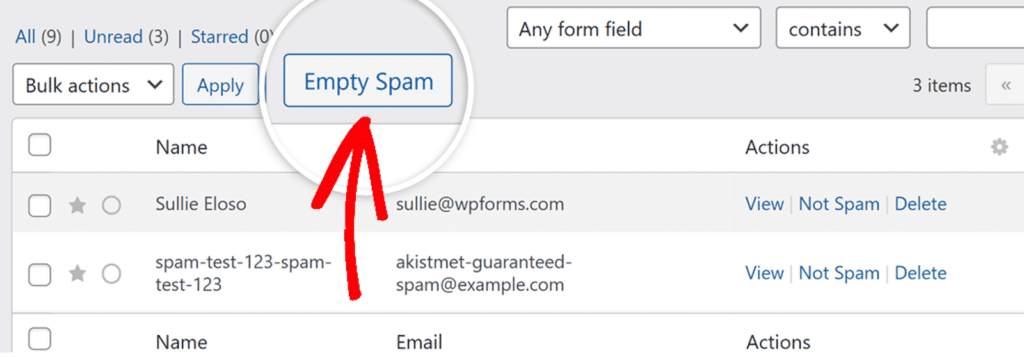 Emptying spam from your form entries