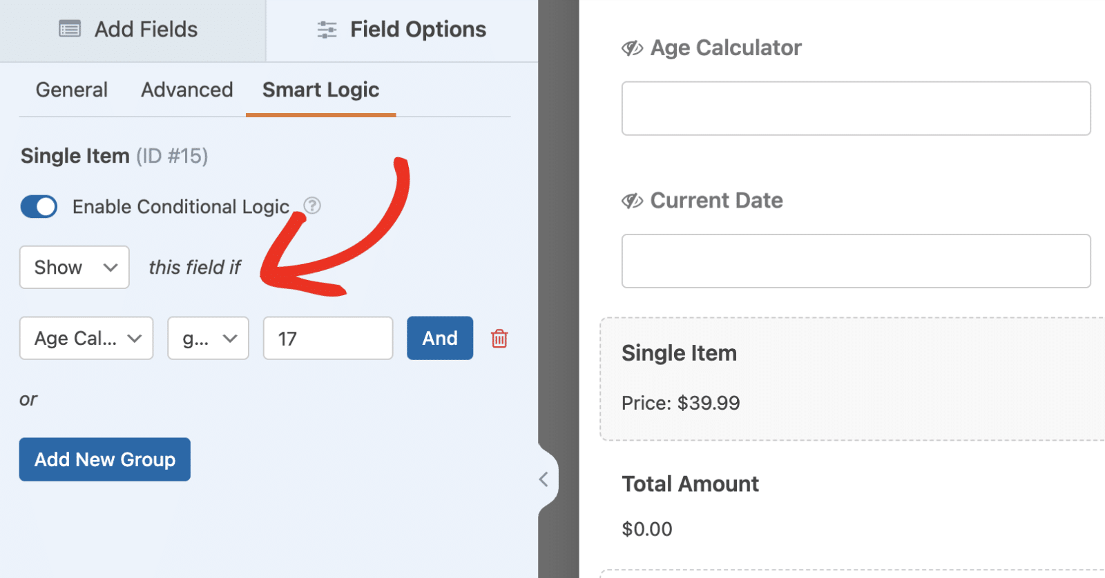 Conditional logic rule to show payment field based on a date