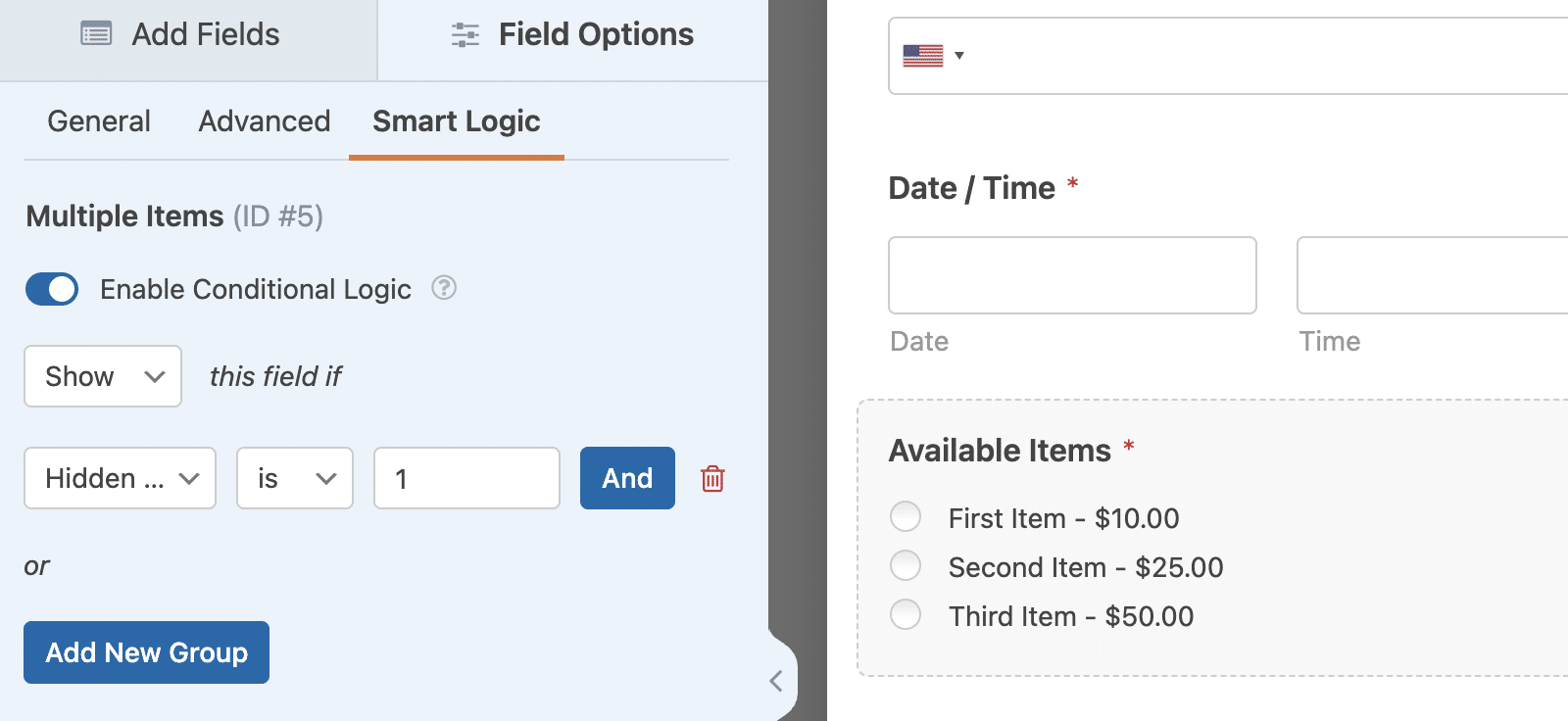 Conditional logic rule to show payment field based on date