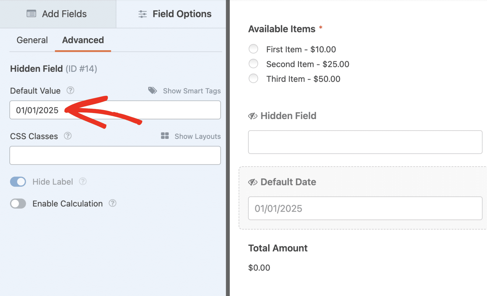 Setting default value for hidden field to show payment field based on date