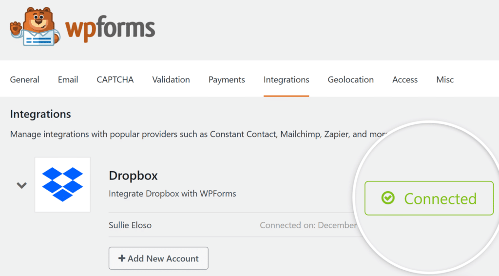 Dropbox connected with WPForms