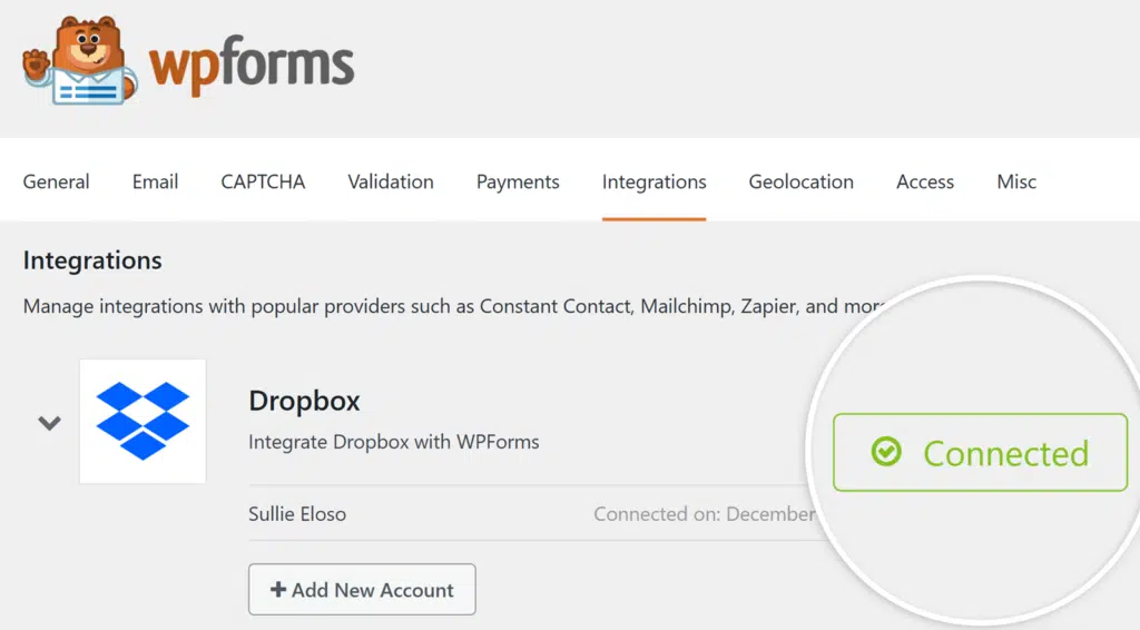 Dropbox connected with WPForms