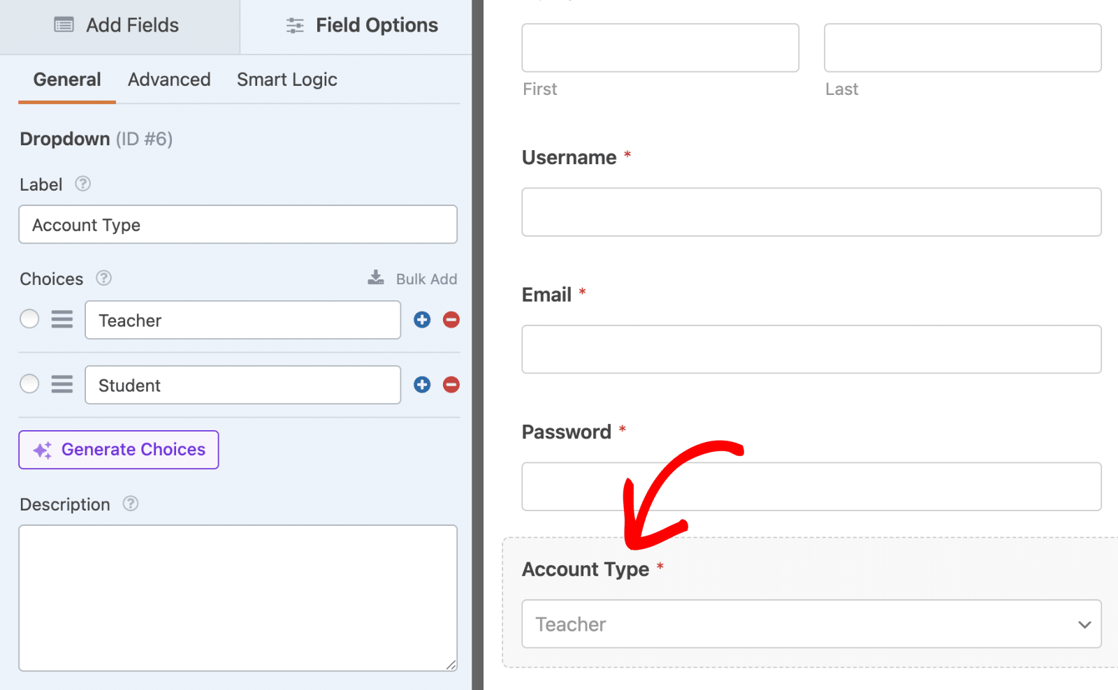 Add the Dropdown field to select account type