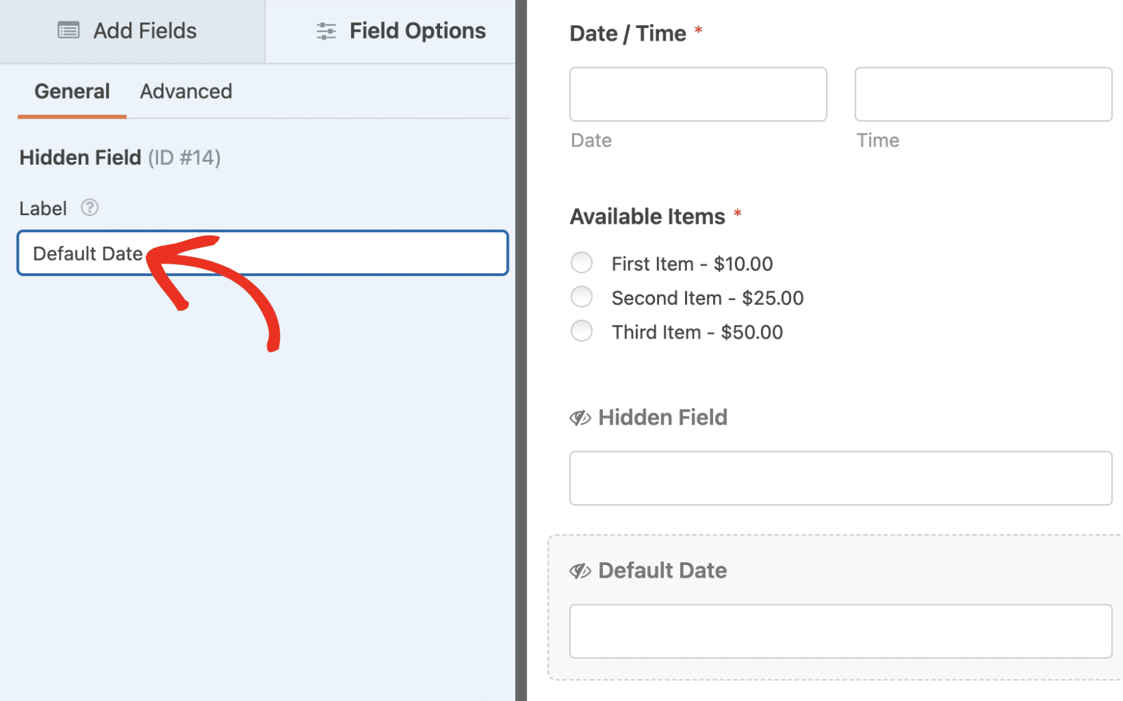 Enter field label for Hidden field