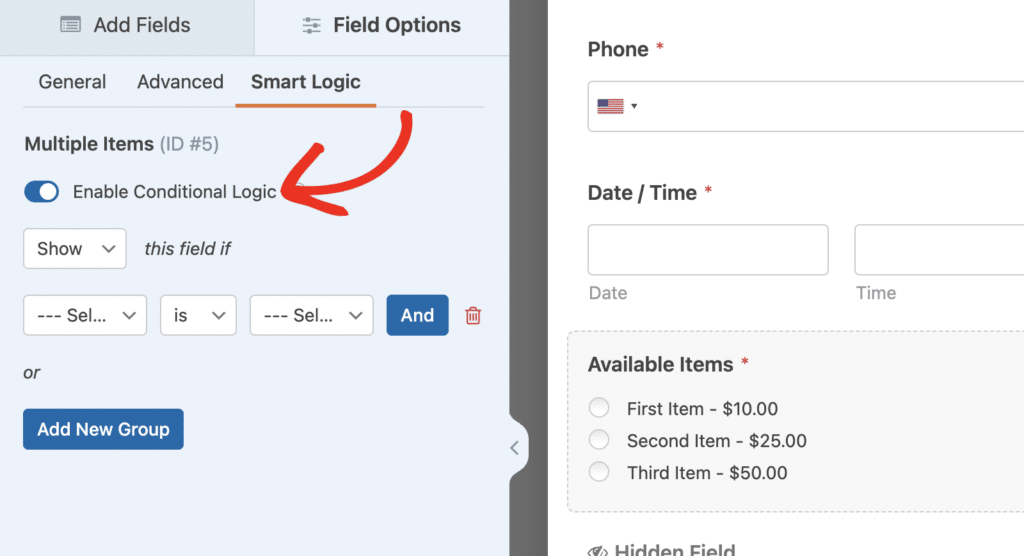 ativar a lógica condicional